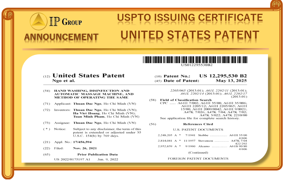 VĂN BẰNG SÁNG CHẾ MỸ: HAND WASHING, DISINFECTION AND AUTOMATIC MASSAGE MACHINE, AND METHOD OF OPERATING THE SAME