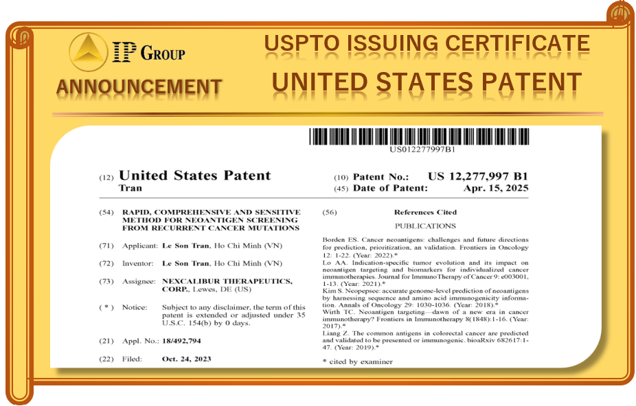 VĂN BẰNG SÁNG CHẾ MỸ: RAPID, COMPREHENSIVE AND SENSITIVE METHOD FOR NEOANTIGEN SCREENING FROM RECURRENT CANCER MUTATIONS