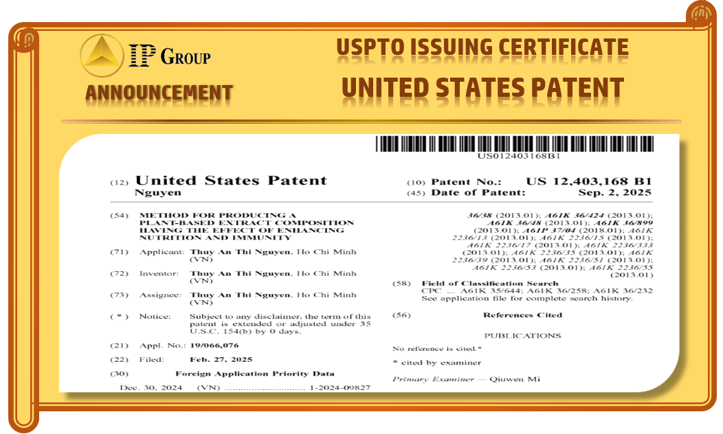 VĂN BẰNG SÁNG CHẾ MỸ: METHOD FOR PRODUCING A PLANT-BASED EXTRACT COMPOSITION HAVING THE EFFECT OF ENHANCING NUTRITION AND IMMUNITY